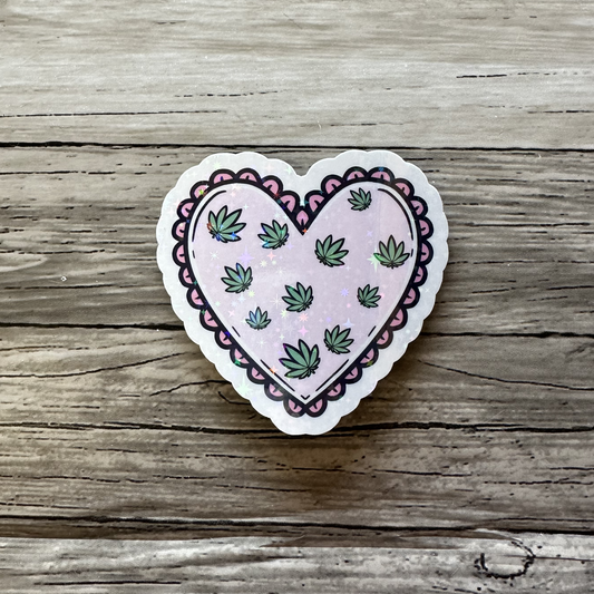 Green weed leaf heart sticker
