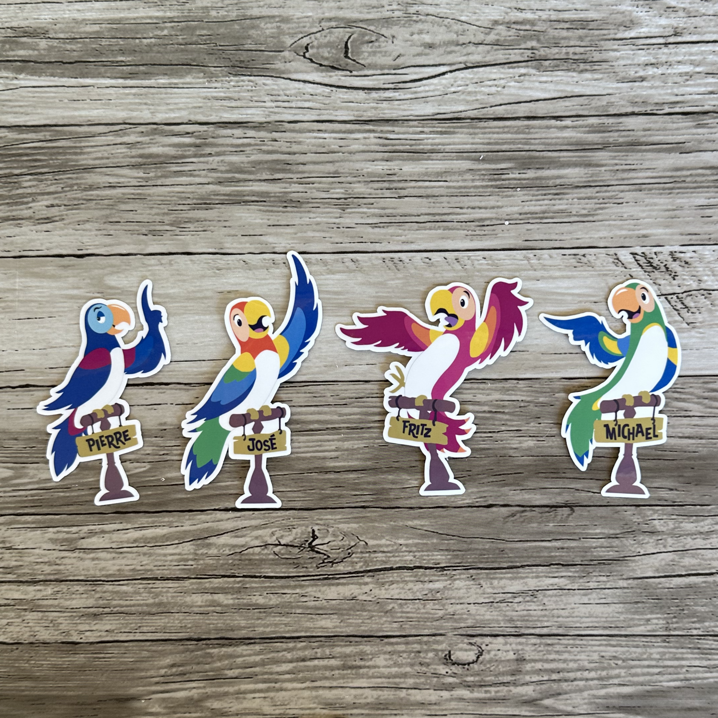 Tiki room birds sticker, Michael, Pierre, Jose, Fritz